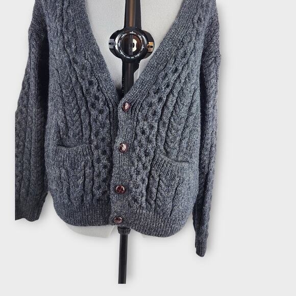 Carraig Donn Cardigan Sweater Women's L Gray Fisherman Chunky Knit Wool *Flaw - Picture 3 of 10
